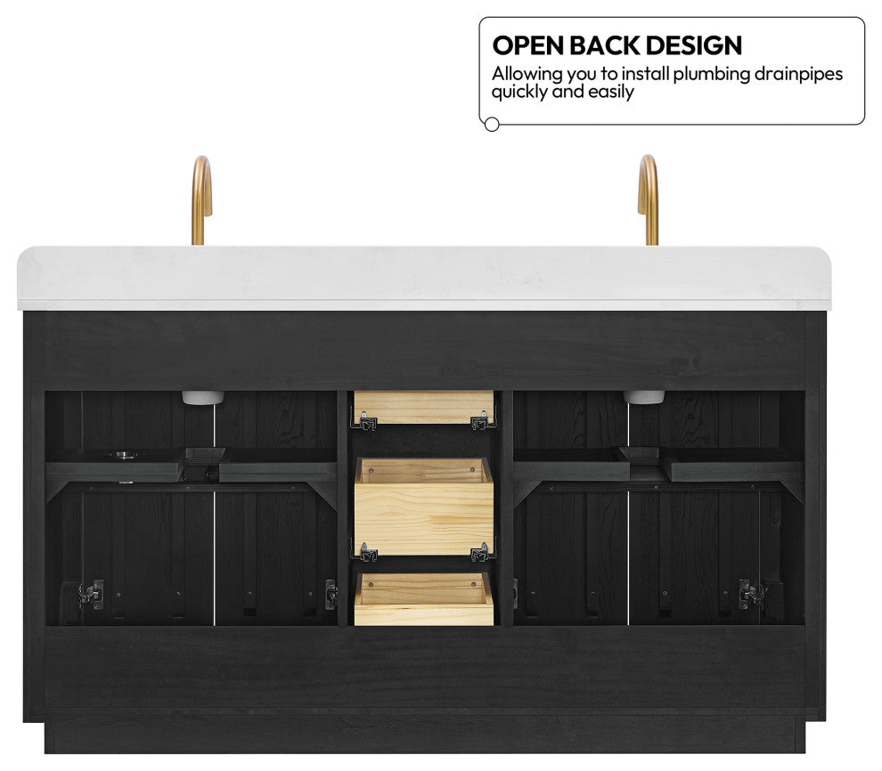 Busan Bath Vanity, Quartz Top No Mirror, Oak Classic Black, 60", Double Vanity