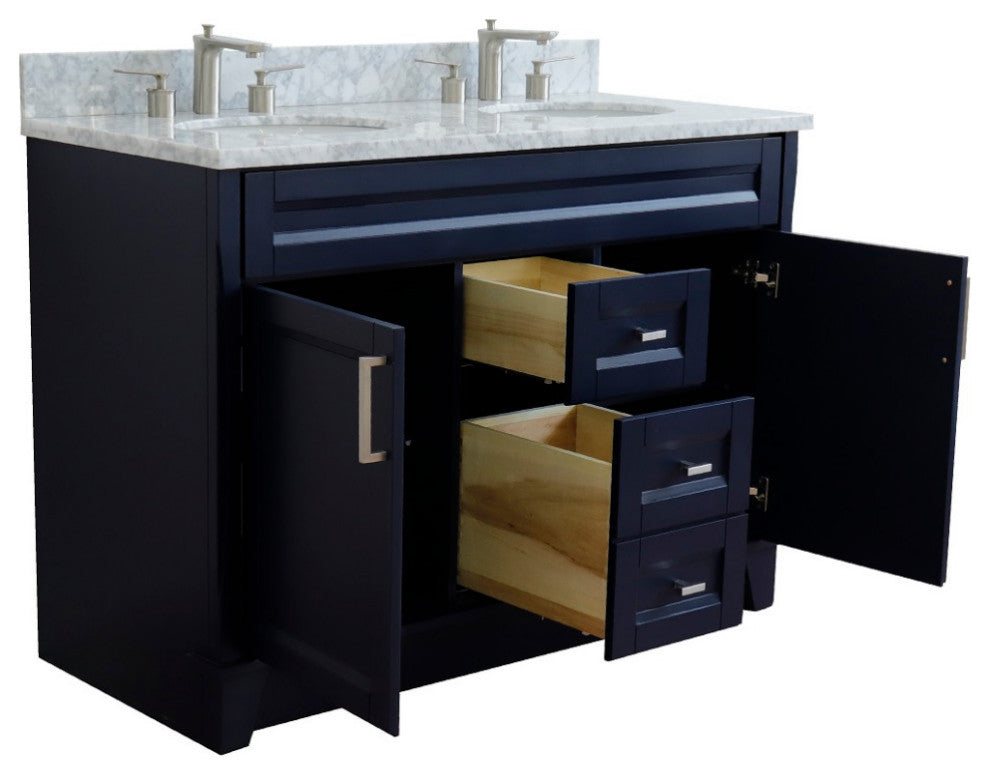 48" Double Sink Vanity, Blue Finish With White Carrara Marble And Oval Sink
