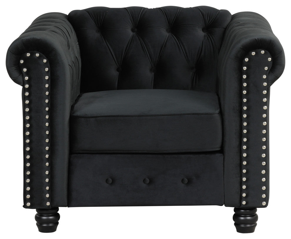 UFE Velvet Living Room 3 Set Sofa Loveseat Chair Black, Sofa, Loveseat, Chair