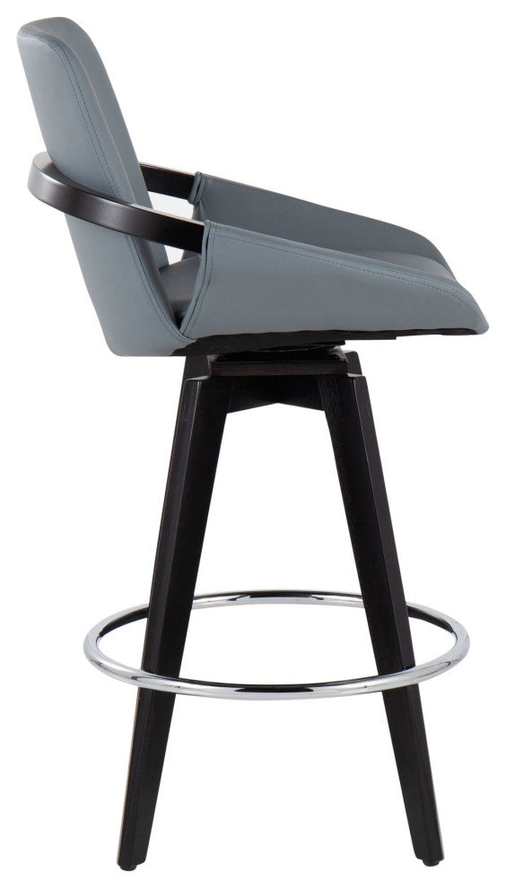 Cosmo Swivel Fixed-Height Counter Stool, Set of 2, Black Wood/Chrome/Gray PU