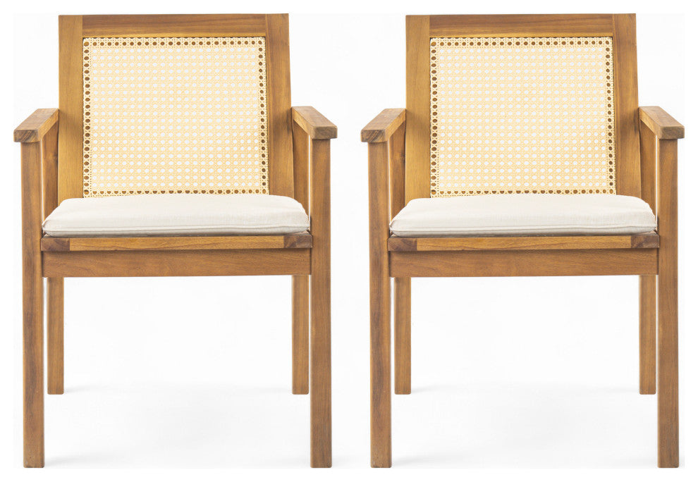 GDF Studio Outdoor Acacia Wood Dining Chairs With Cushions, Set of 2, Teak/Beige