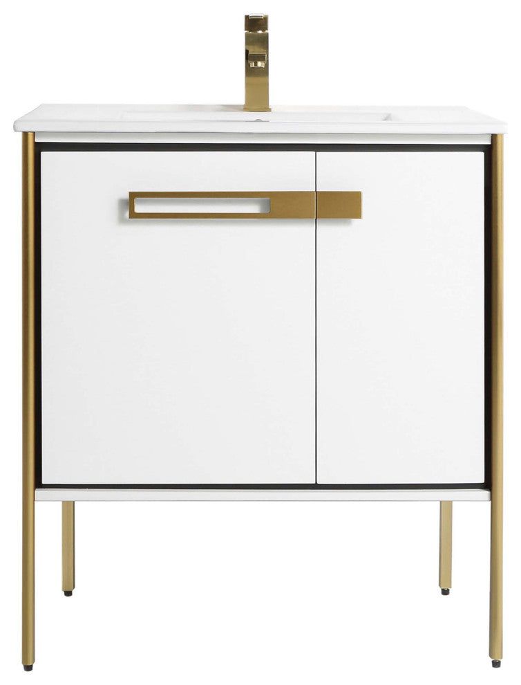 Oakville Bath Vanity, Ceramic Sink, White Matte, 30 Inch, Satin Brass Hardware