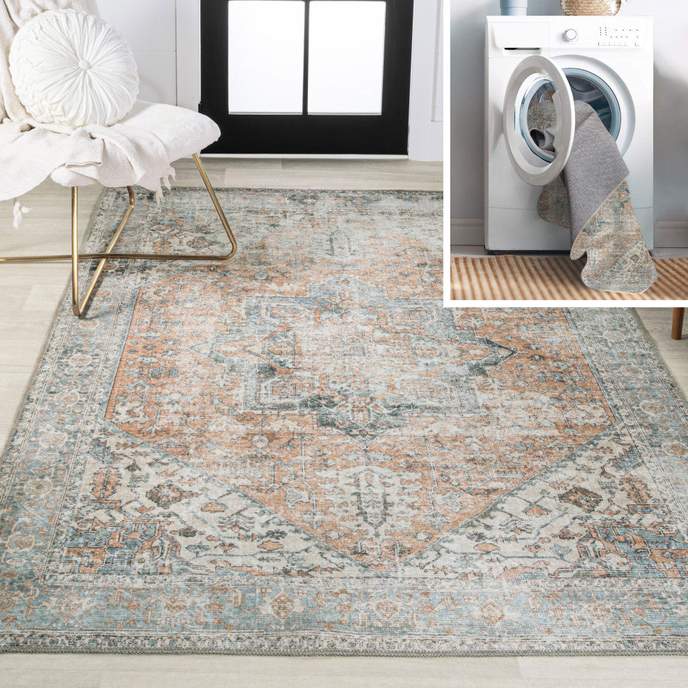 Armae Distressed Chenille Machine-Washable Rug, Terra/Blue, 5 X 8