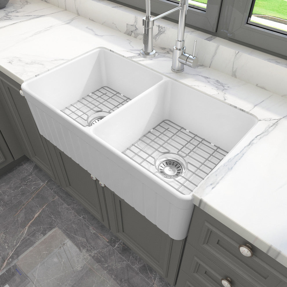 Sinber 33" Farmhouse Apron Double Bowl Kitchen Sink with Fireclay White