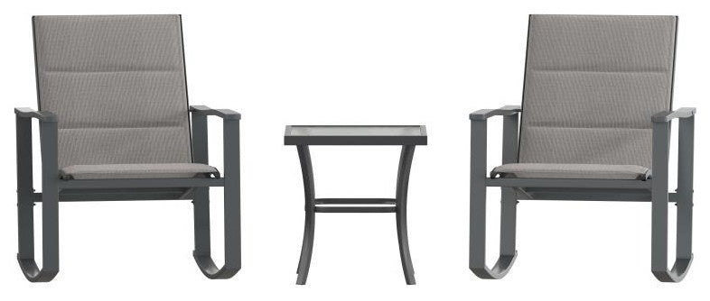 Brazos 3 Piece Outdoor Rocking Chair & Glass Top Table Set, Gray/Black