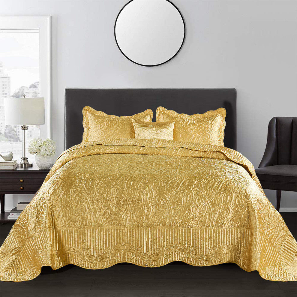 Quilted Satin 4 Piece Bed Spread Set, Gold, Queen