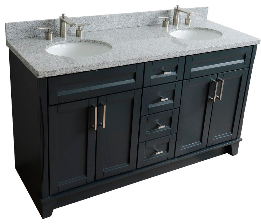 61" Double Sink Vanity, Dark Gray Finish And Gray Granite And Oval Sink