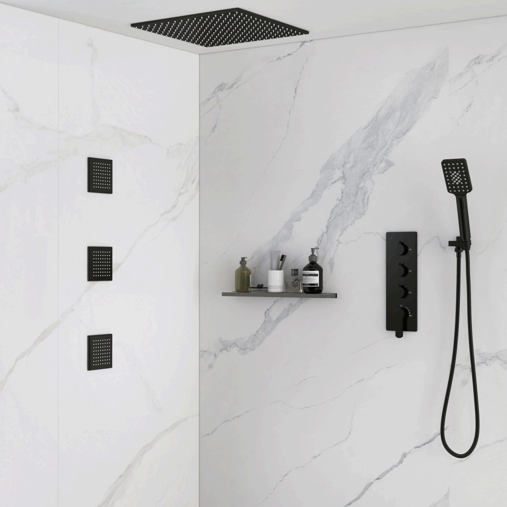 Black Shower System Large Rainfall Shower Head with Hand Shower and 3 Body Jets, 16 Inches With Standard Shower Valve