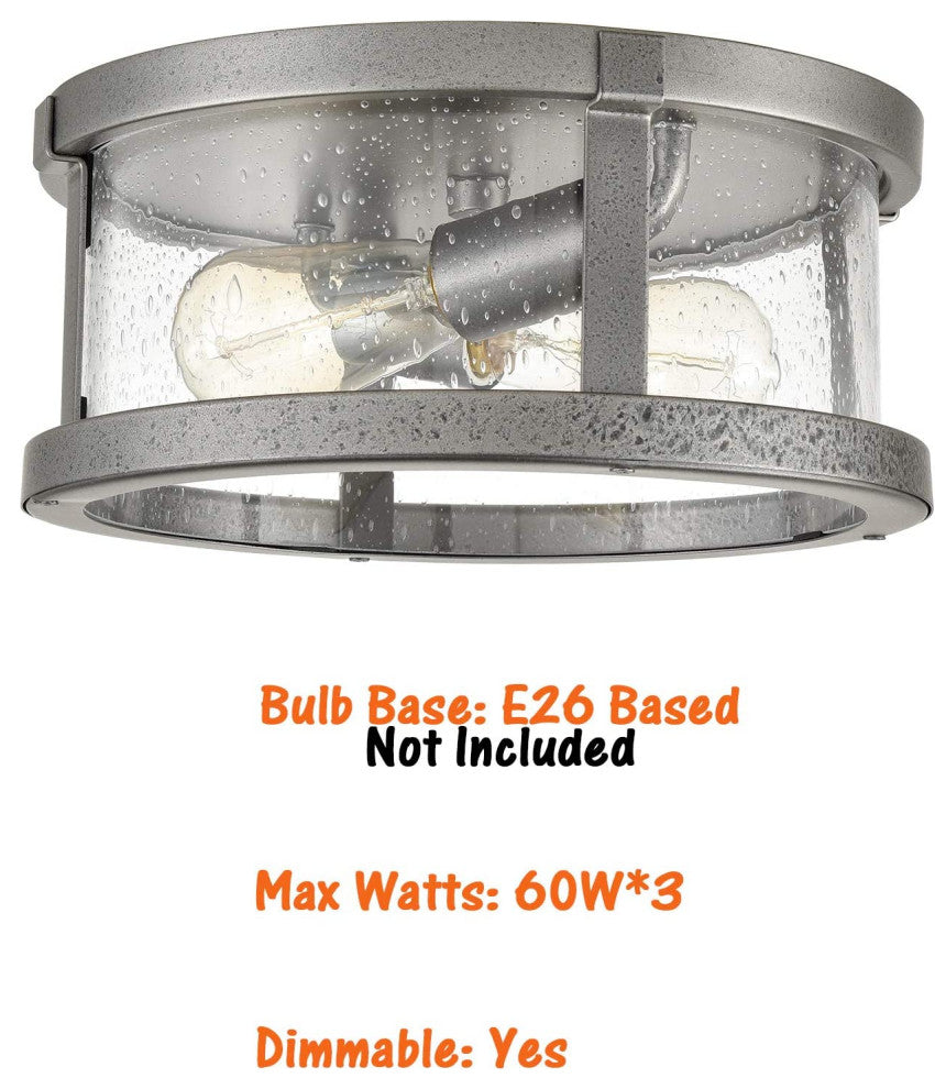 2 Light Drum Flush Mount Ceiling Light, Farmhouse, Industrial, Glass