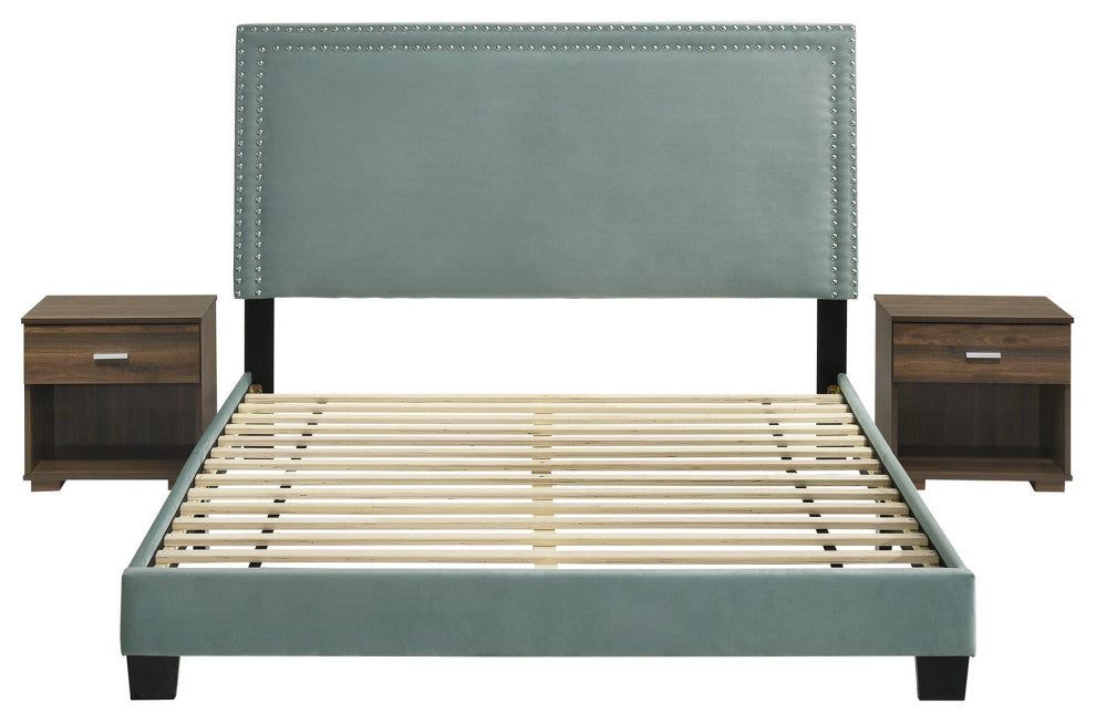 Picket House Furnishings Emery Upholstered Queen Bed With 2 Nightstands in Green