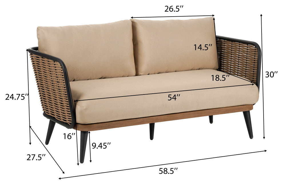 GDF Studio Outdoor Wicker Loveseat With Water-Resistant Cushions, Brown/Beige