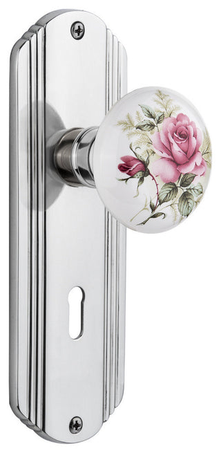 Double Deco Plate With Rose Porcelain Knob, Bright Chrome