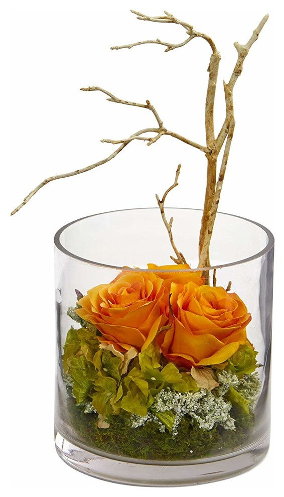 Nearly Natural Roses and Hydrangeas Artificial Arrangement, Orange Yellow