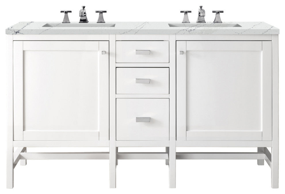 Addison 60" Double Vanity Cabinet, Glossy White, Ethereal Noctis, Three-Hole