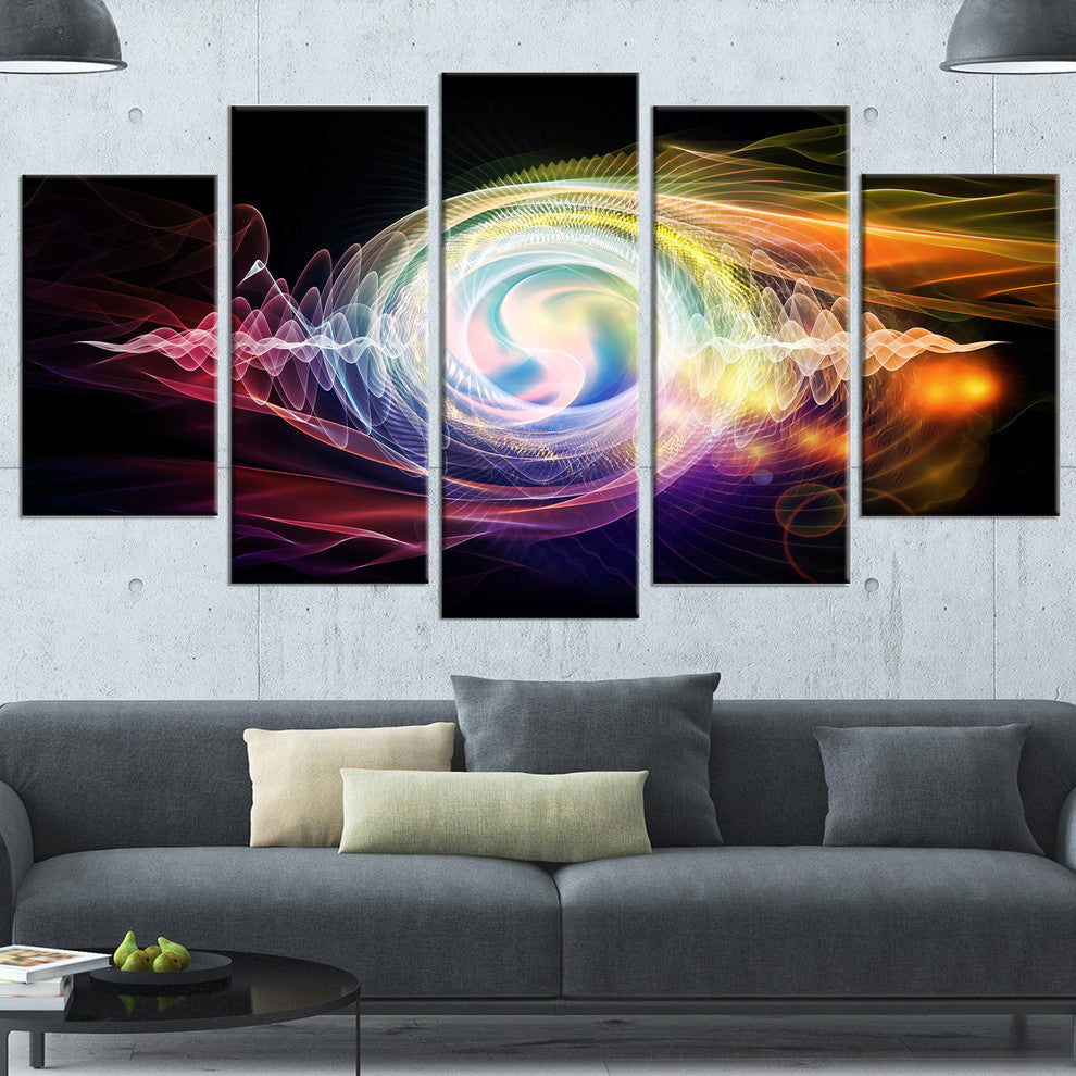 Bright Wave Particle in Air on Black, Abstract Canvas Art, 60"x32", 5 Panels