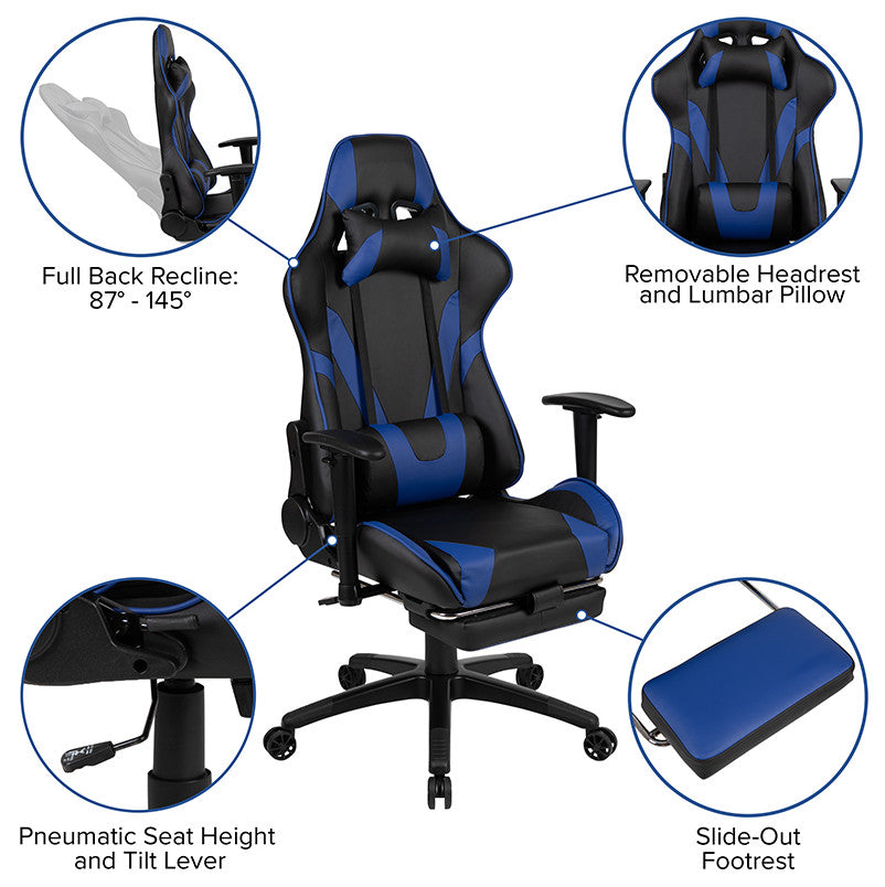 Black Gaming Desk & Footrest Reclining Chair Set, Blue