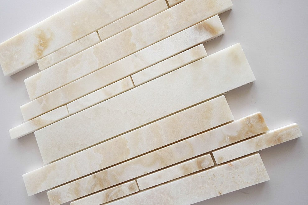 Premium White Onyx CROSS-CUT Polished Random Strip Mosaic Tile