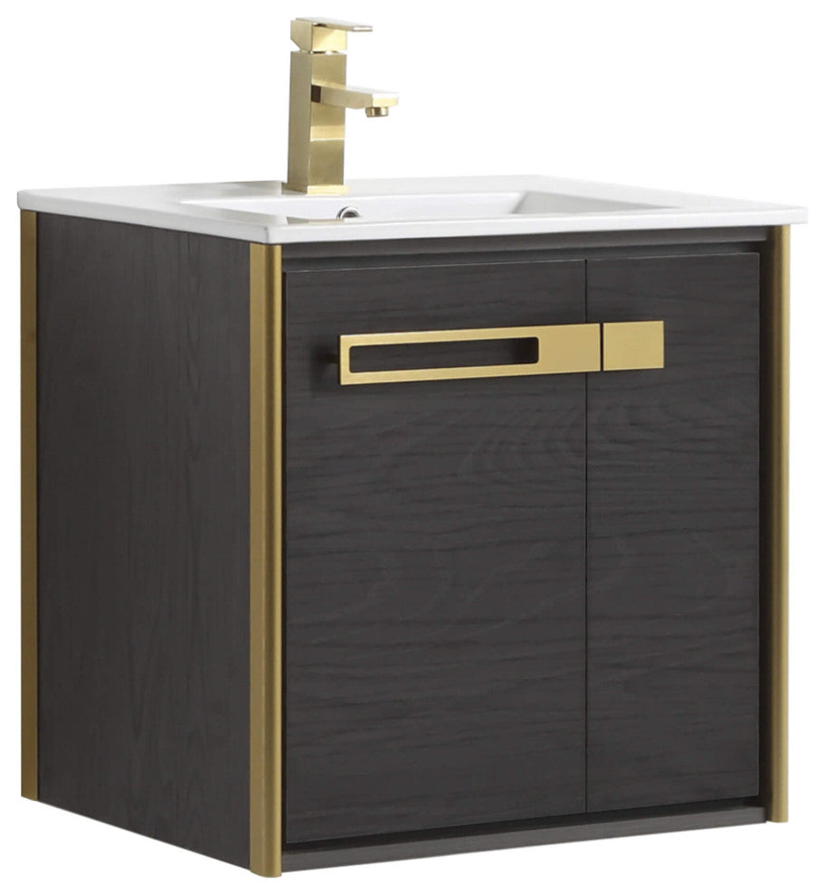 Oakville Wall Mount Bathroom Vanity, Black Coal Oak, 24", Satin Brass Hardware