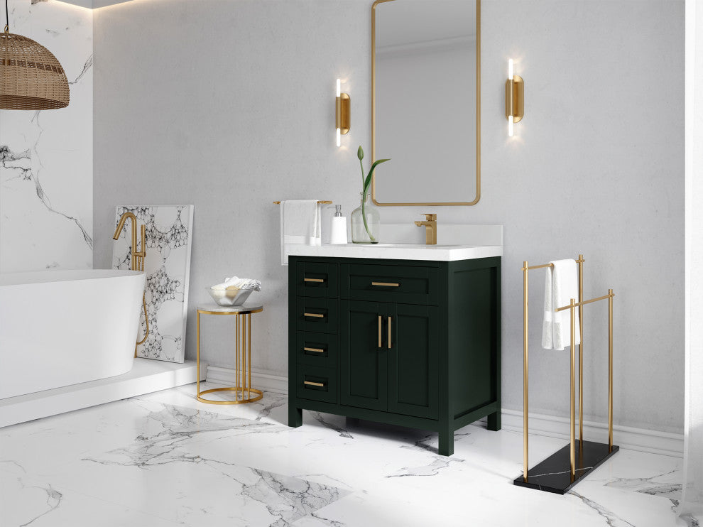 Cambridge 36 Right Offset Bath Vanity in Dark Forest Green 2" Piatra Gray