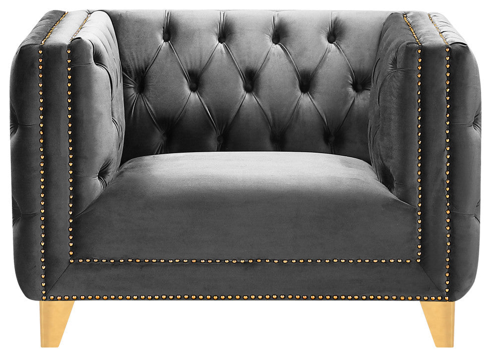 Michelle Fabric Upholstered Chair, Gold Iron Legs, Gray, Velvet, Chair