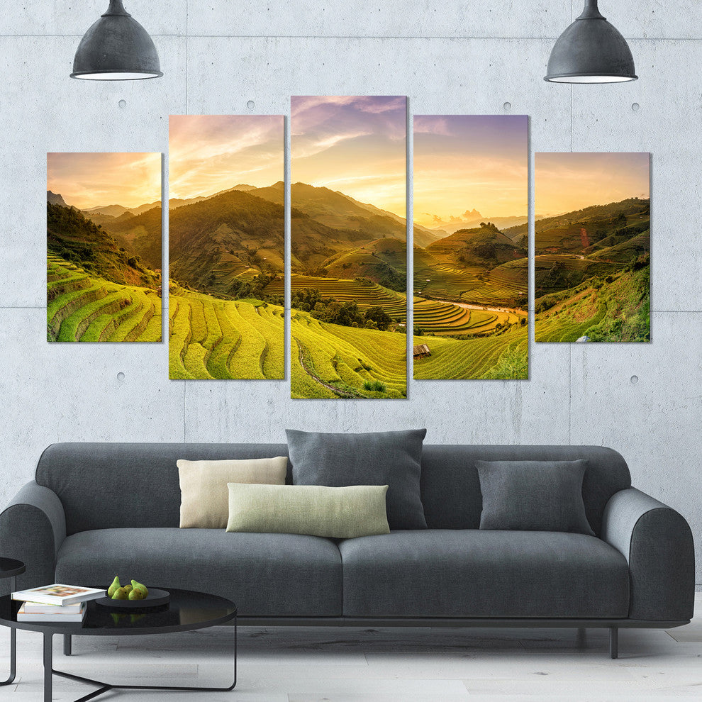 Rice Fields on Terraced Panorama, Landscape Canvas Art Print, 60"x32", 5 Panels