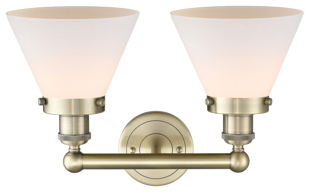 Edison Large Cone 2-Light 17" Vanity Light, Antique Brass With Matte White Shade