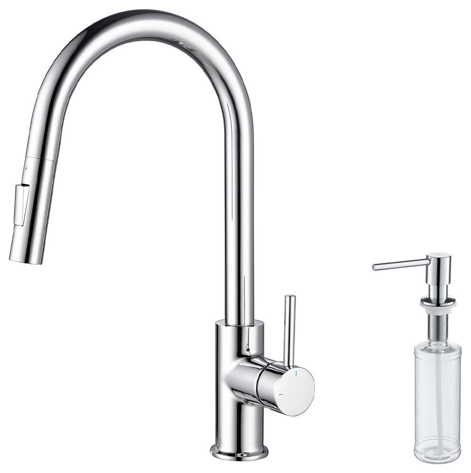 Brass Single Handle Pull Out Kitchen Faucet, Chrome W/ Soap Dispenser