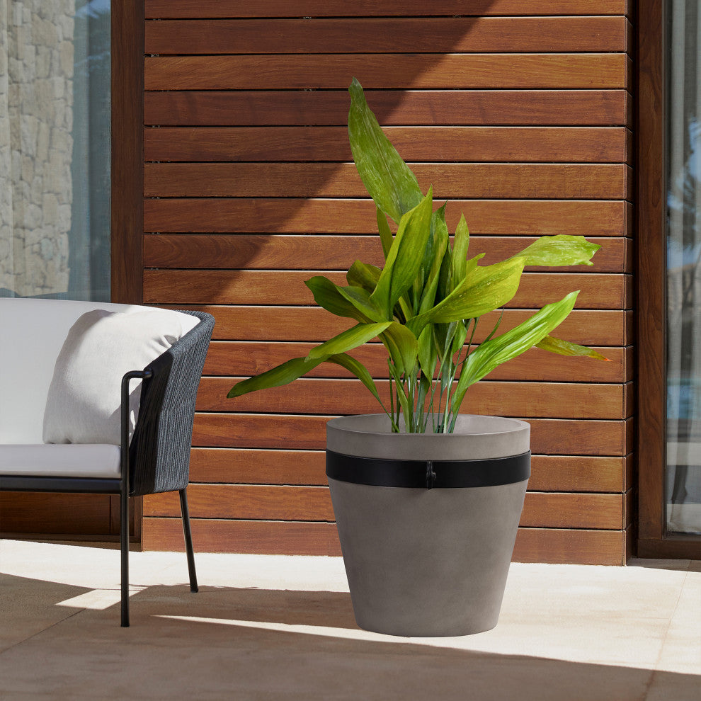 Obsidian Medium Indoor/Outdoor Planter, Gray Concrete With Black Accent