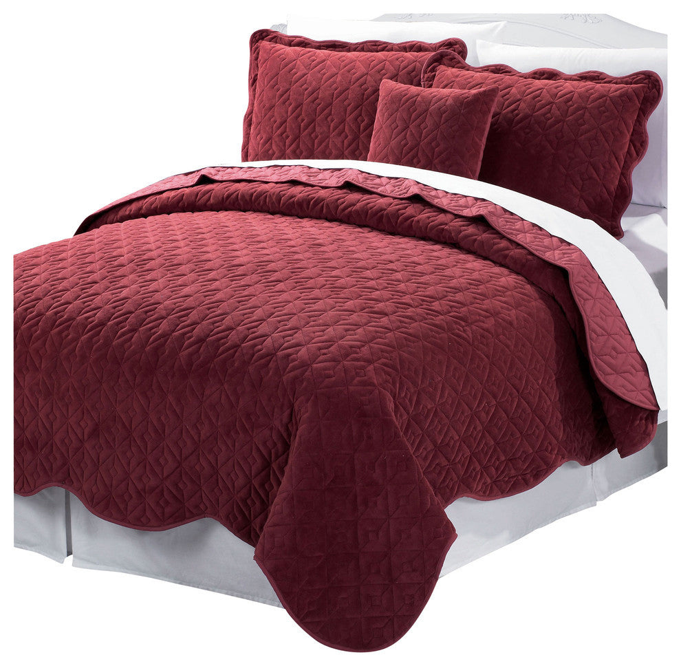 Diamond Square Quilted Coverlet 4-Piece Bedspread Set, Brick, King