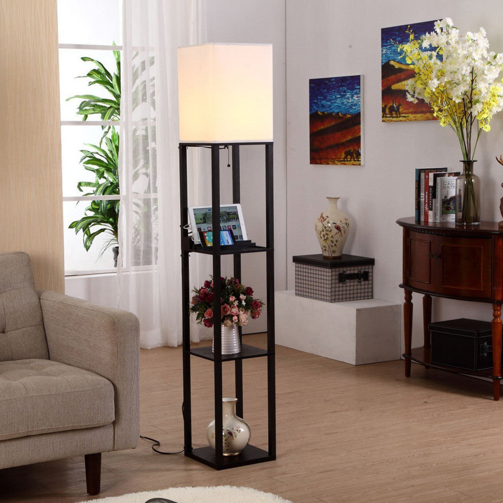 Brightech Maxwell Charger - Shelf Floor Lamp with USB Charging and Outlet LED, Classic Black