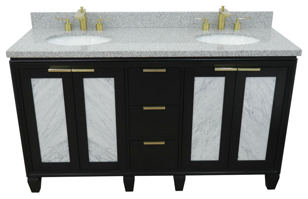 61" Double Sink Vanity, Black Finish With Gray Granite And Oval Sink