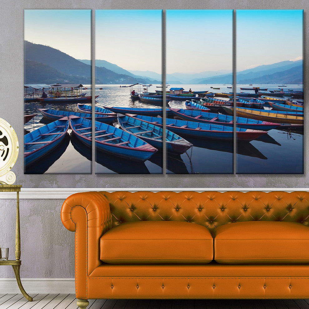 Blue Wooden Boats in Lake, Boat Canvas Art Print, 48"x28", 4 Panels