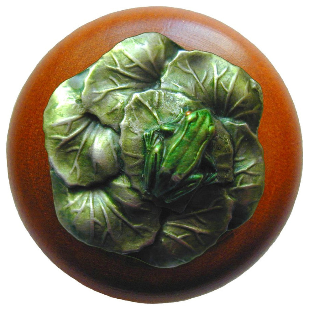 Leap Frog Wood Knob, Antique Brass, Cherry Wood Finish, Pewter Hand Tinted