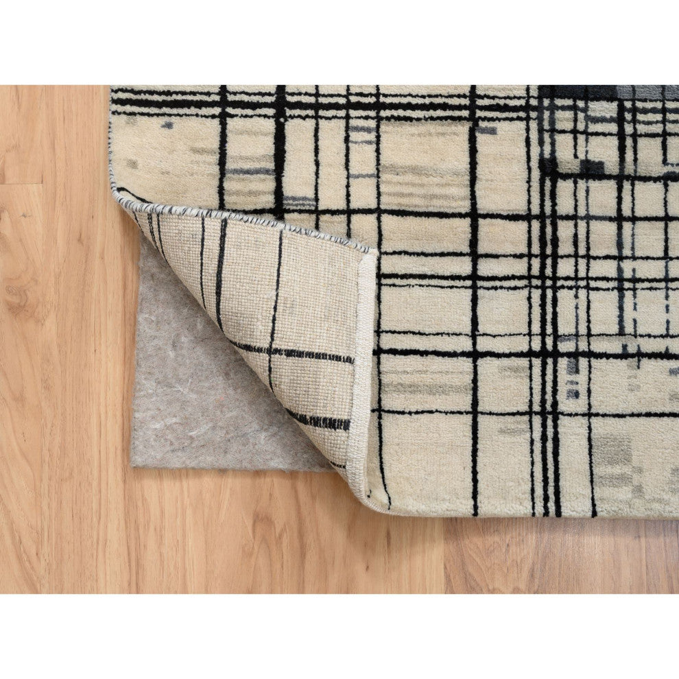 Black, Modern Lines Design, Ghazni Wool, Hand Knotted, Oriental Rug, 8'2" x 9'9"