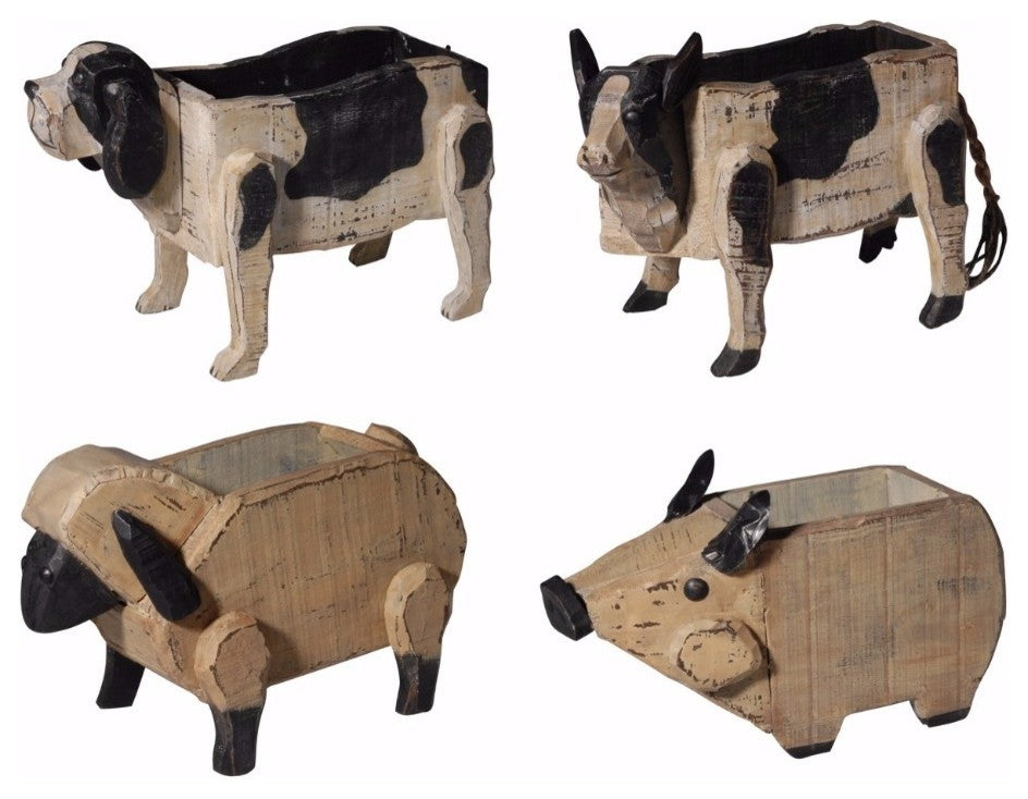 Chic Poplar Wood Barnyard Animal Planters, Set of 4, Black and Brown