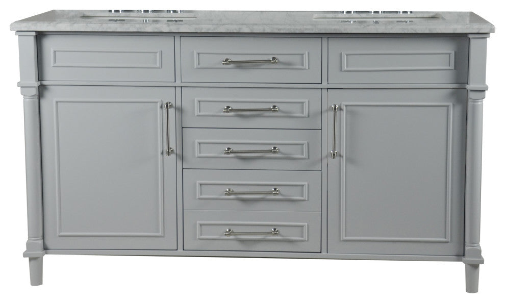 60" Double Vanity, Light Gray With White Carrara Marble Top