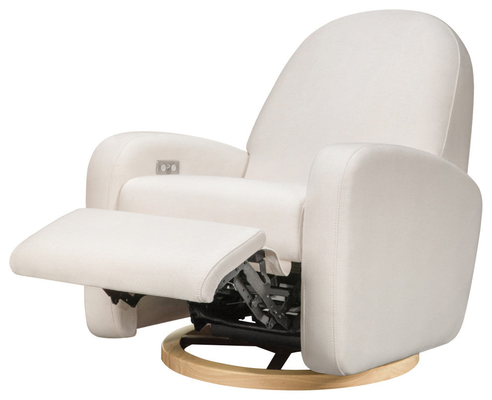 Nami Electronic Recliner and Swivel Glider Recliner, Boucle With USB port, Performance Cream Eco-Weave With Light Wood Base