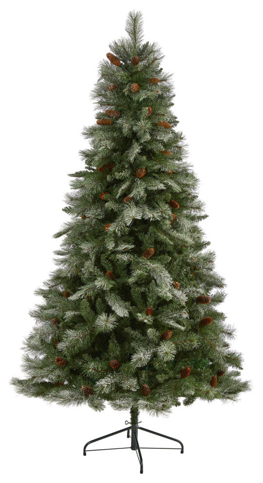 7' Snowed French Alps Mountain Pine Faux Xmas Tree W/Bendable Branches, Pinecone