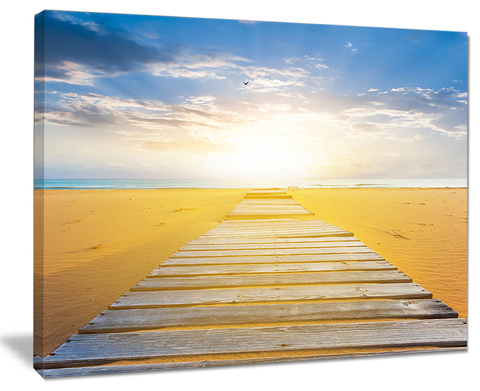 "Wooden Road At Blue Sea Beach" Sea Bridge Canvas Wall Artwork, 40"x30"