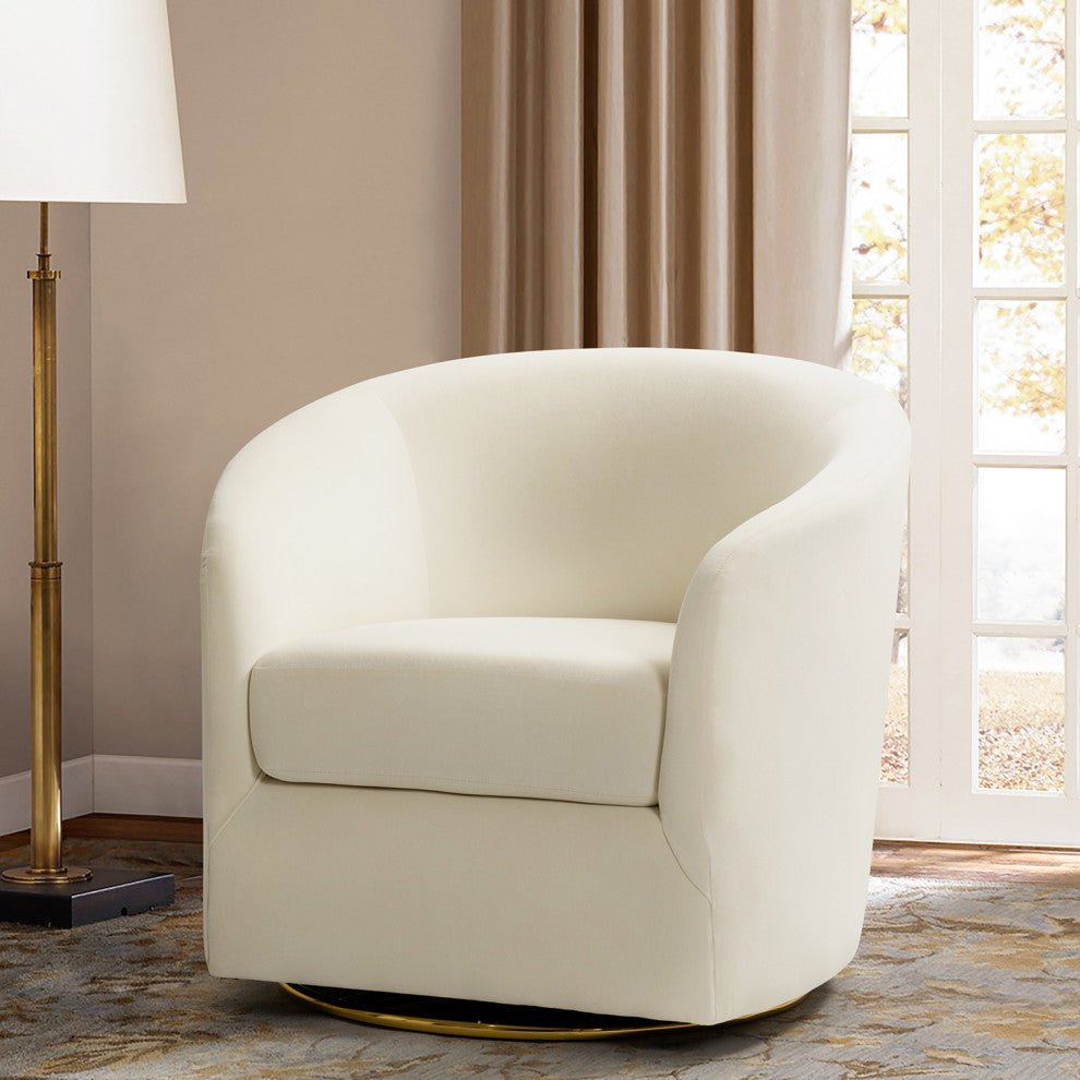 Upholstered Accent Comfy Swivel Chair With Metal Base, Ivory
