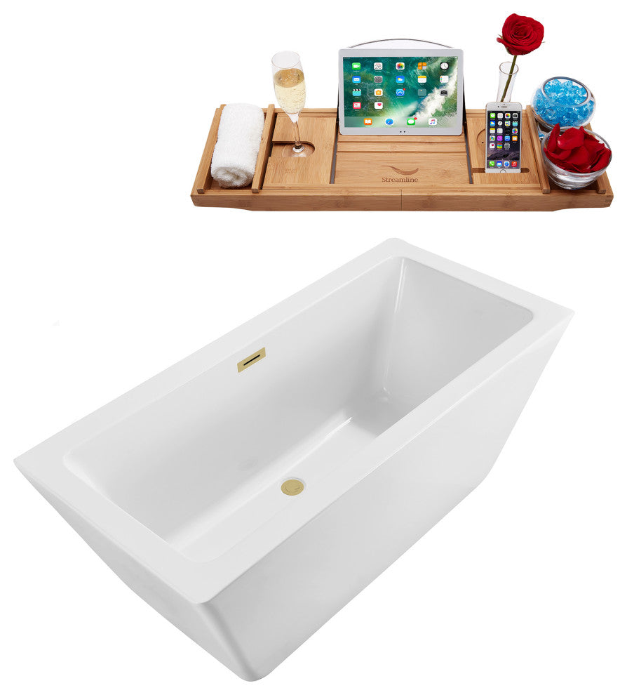 60" Streamline N320BBR Bathtub and Tray With Drain, Brushed Brass