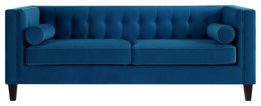 Branwen Velvet Button Tufted Sofa, Square Arms Tapered Leg, Navy