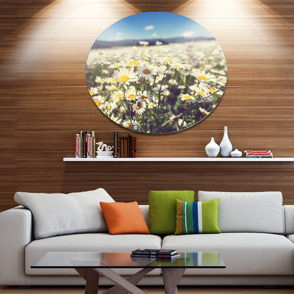 Mountain Plain With Daisy Flowers, Flower Large Disc Metal Artwork, 11"
