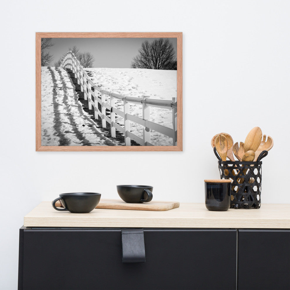Endless Fences in Black & White Rural Landscape Framed Photo Paper Art Prints, Red Oak, 16" X 20"