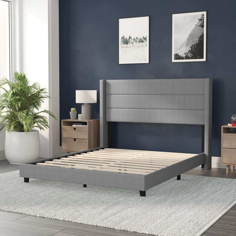 Hollis Upholstered Platform Bed with Wingback Headboard w/Mattress Foundation, Gray, Queen