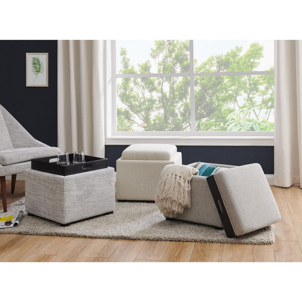 Cameron Square Storage Ottoman w/ tray, Cardiff Cream, Fabric