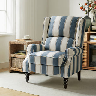 Modern Push-Back Plaid Recliner with Rolled Armrest, Stripe Navy