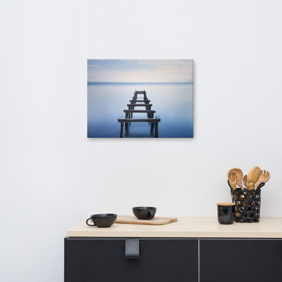 Soft Blue Lake and Abandoned Pier Coastal Landscape Photo Canvas Wall Art Print, 18" X 24"