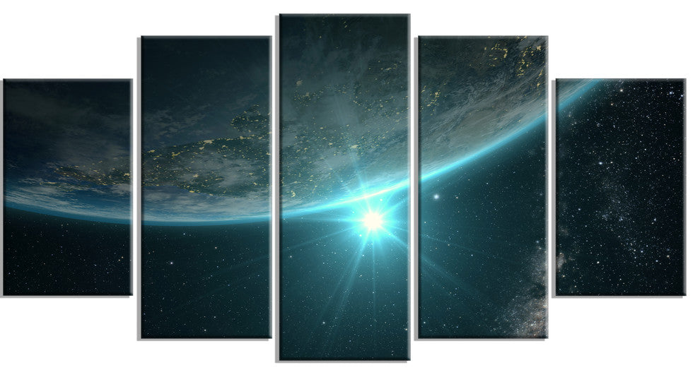 "Sunrise in Earth From Space" Contemporary Landscape Wall Art, 5 Panels, 60"x32"