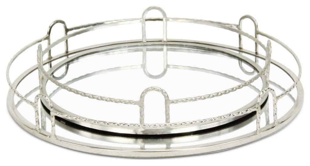 Mianzi Round Quilted Rim Silver Metal Trays (Set of 2)
